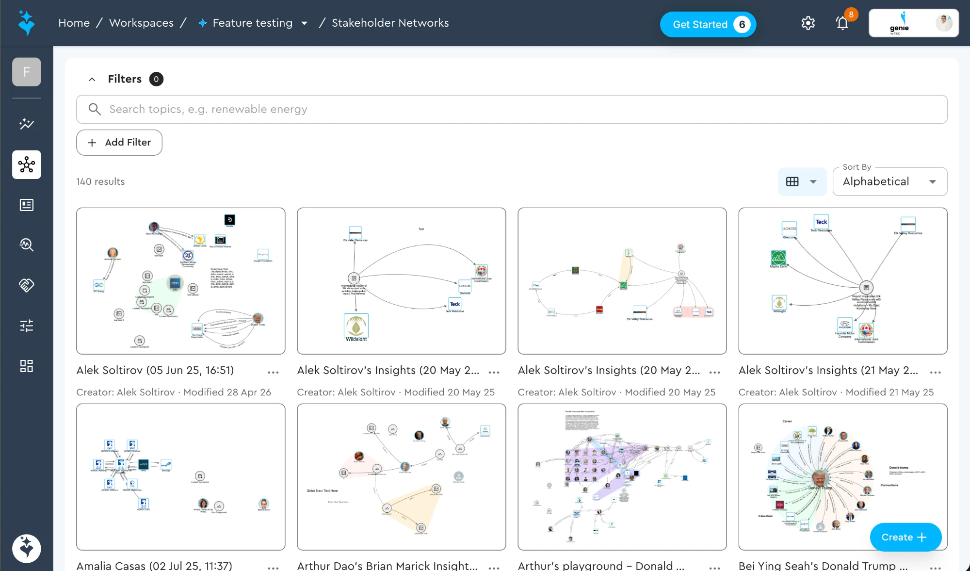 Genie Networks — index view showing 140 stakeholder network maps in grid layout