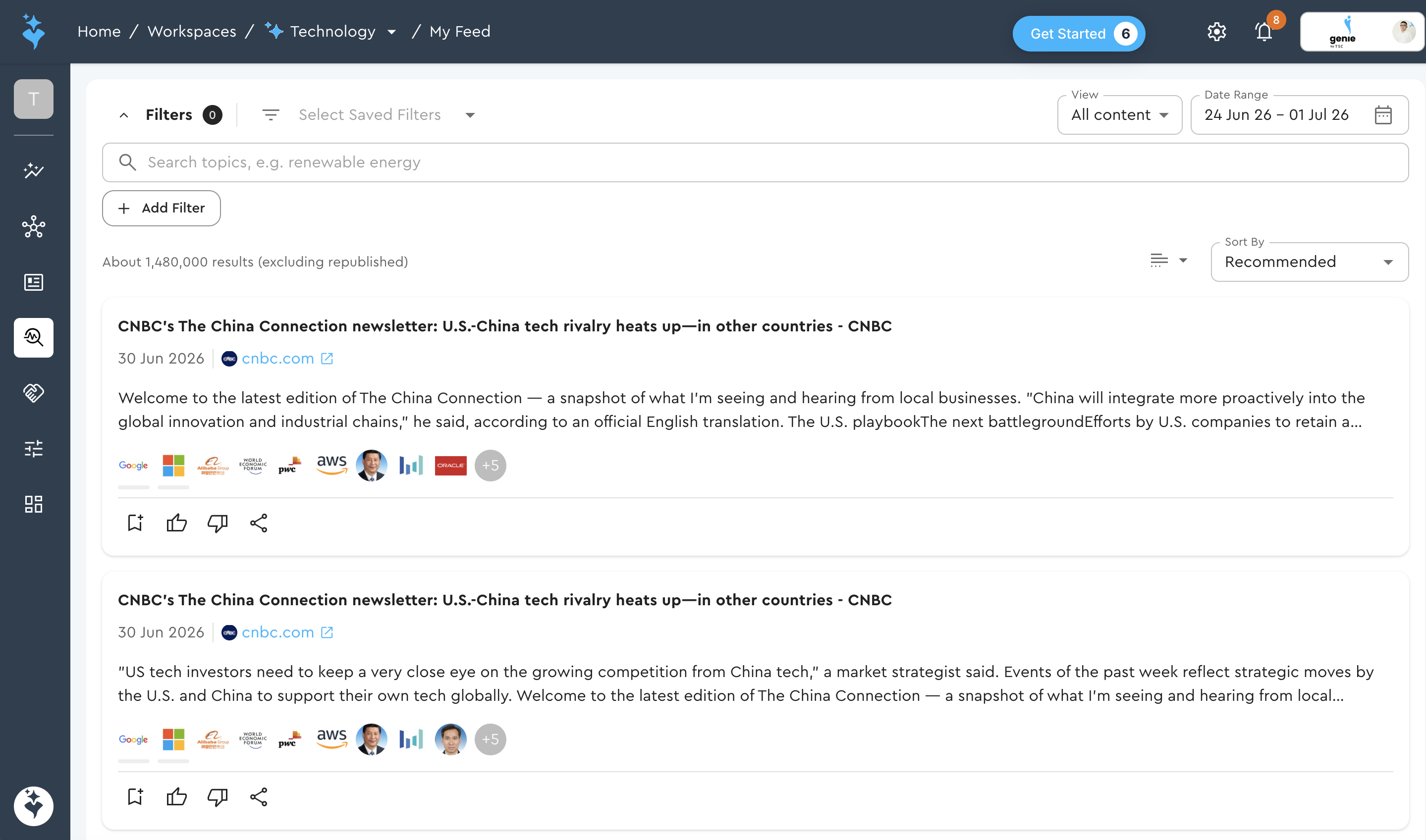 My Feed surface showing filtered media coverage with saved filters and issue tagging