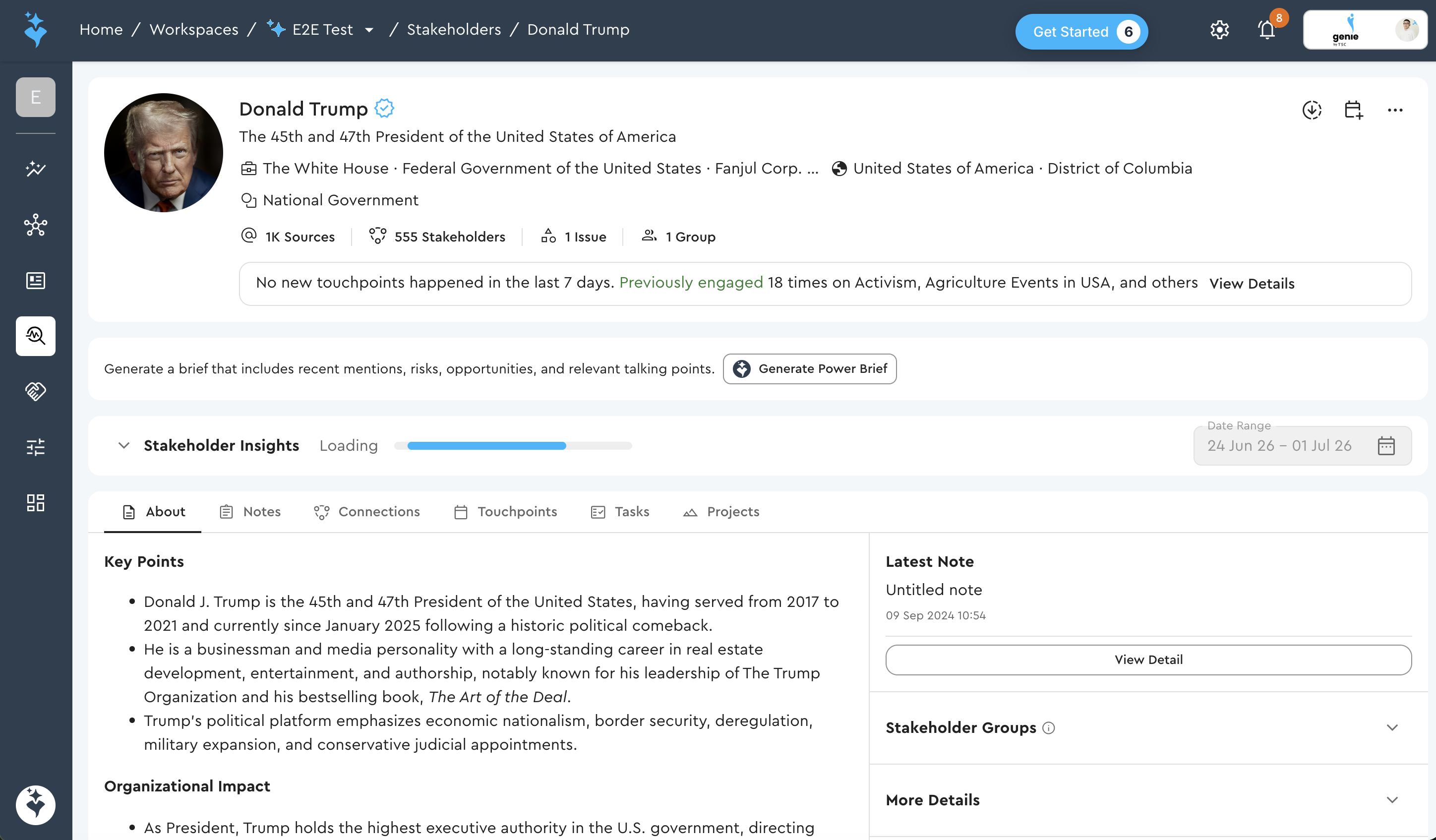 Stakeholder profile page with key points, touchpoints, notes tabs, and power brief generation