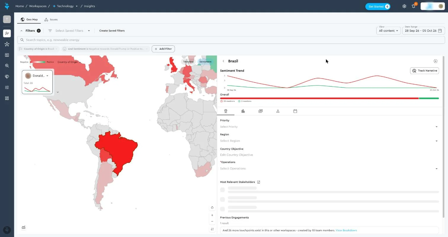 Genie Insights Geo Map showing sentiment by country with a country detail panel