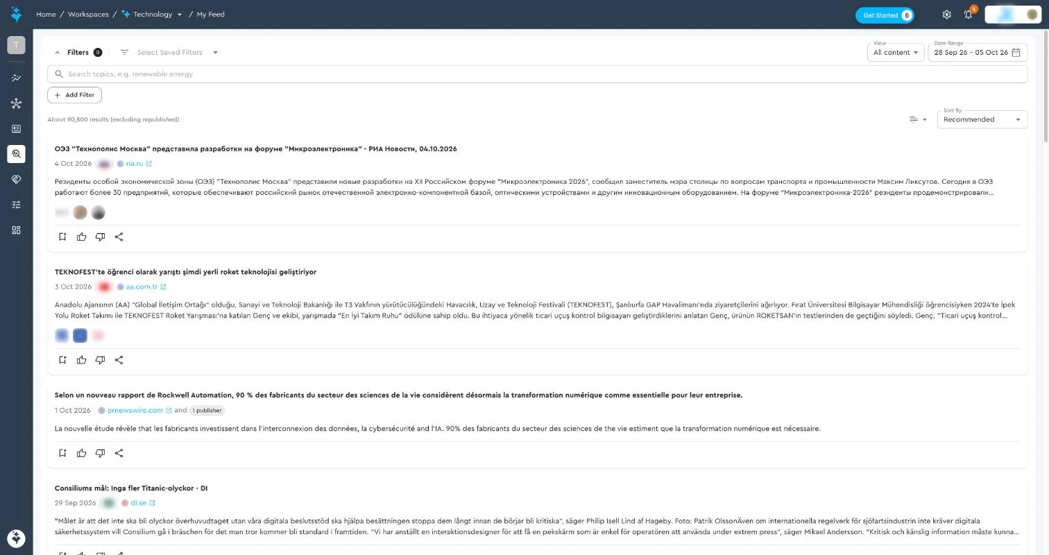 My Feed media list with filters