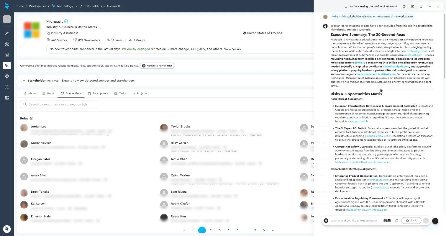 Stakeholder profile with an Ask Genie Power Brief open beside it
