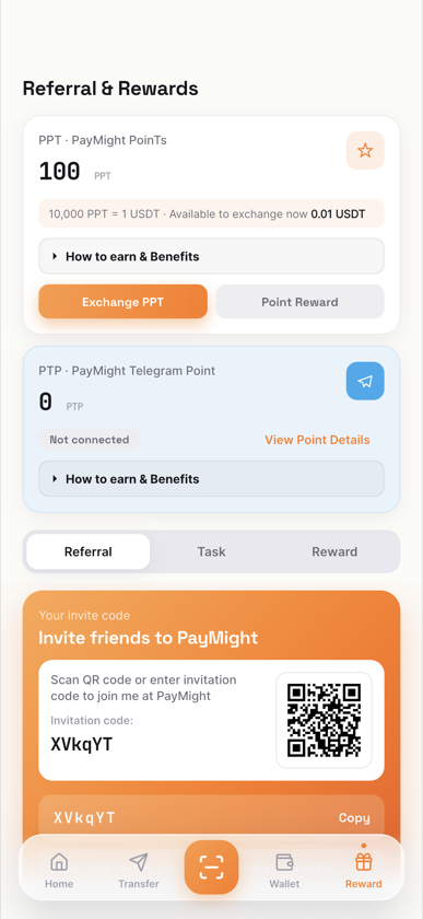 PayMight referral and rewards screen with invite code